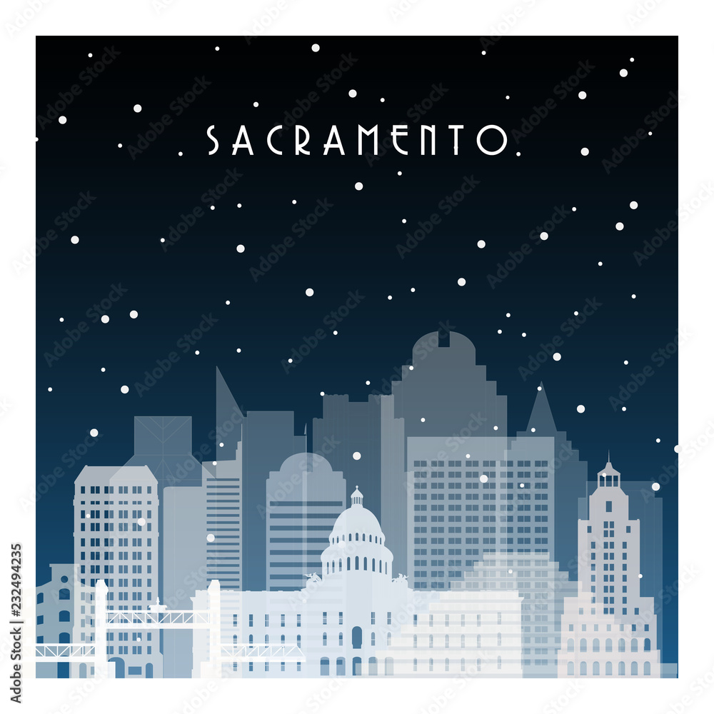 Winter night in Sacramento. Night city in flat style for banner, poster, illustration, background.