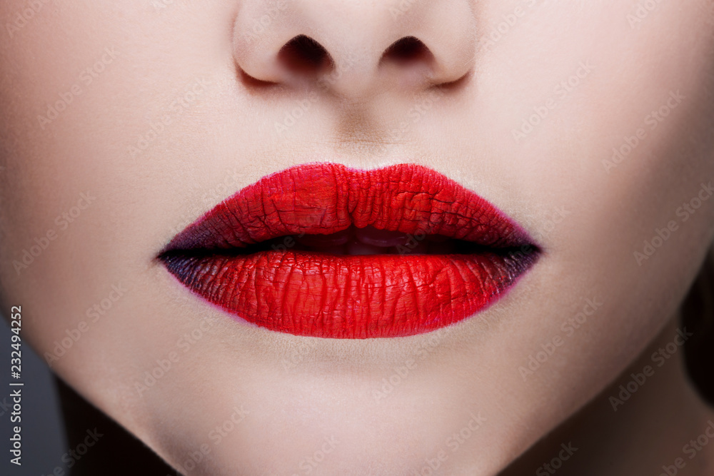 Beautiful women's lips with bright red lipstick, bright stylish makeup, Beautiful women's lips with bright red lipstick, bright stylish makeup,