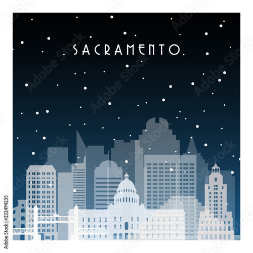 Winter night in Sacramento. Night city in flat style for banner, poster, illustration, background.