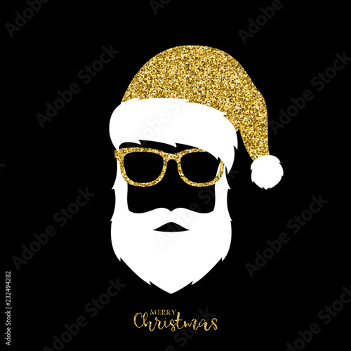 Santa Claus with hat and glasses. Gold glitter effect. Vector illustration.