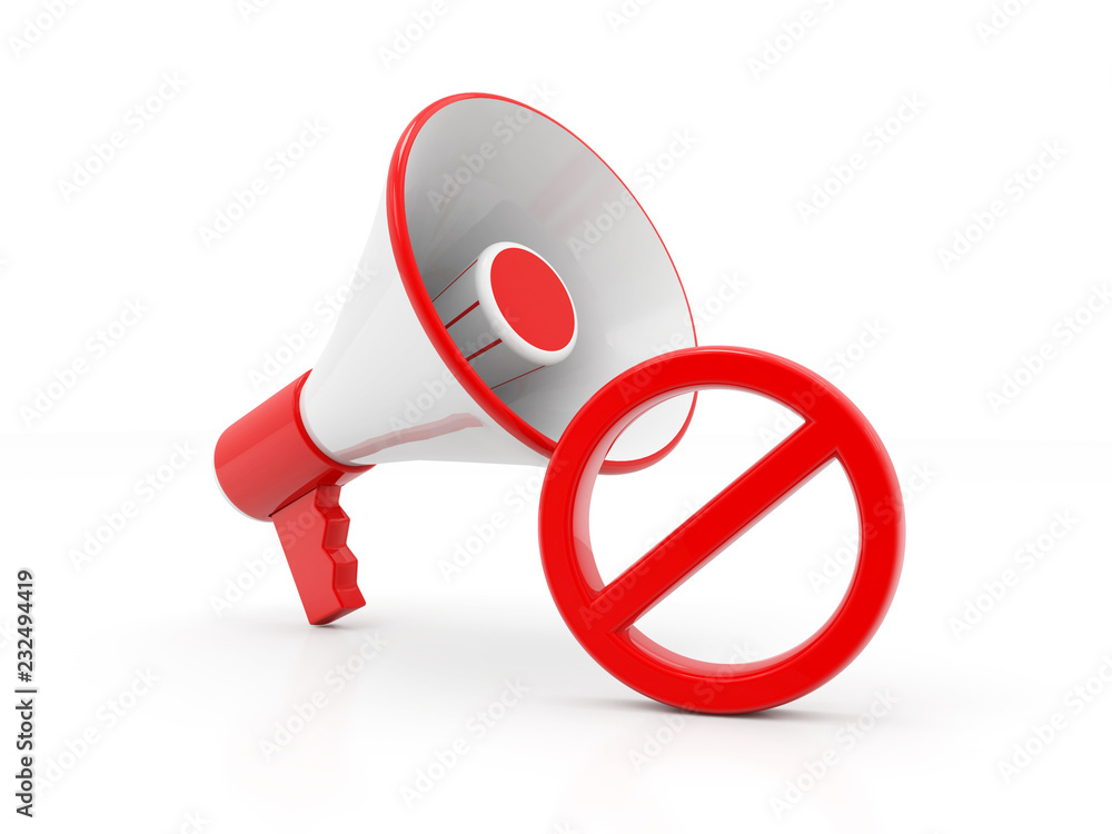 3d illustration Megaphone with forbidden sign, No speak sign. Megaphone