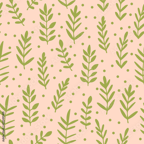 Floral seamless pattern with branches and leaves. Cute floral background with messy green dots, flowers. Vector illustration.