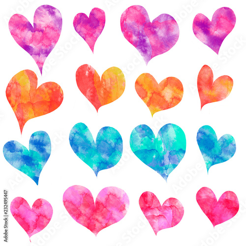 set of hearts, different shapes and colors, watercolor