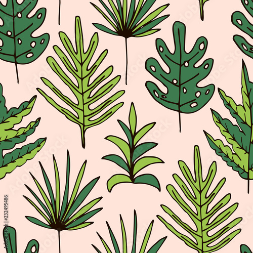 Green tropical background with hand drawn palm leaves, flowers. Tropic seamless pattern. Vector illustration.