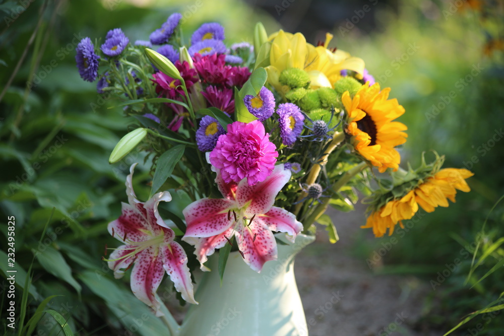 Beautiful Bouquet of Summer Flowers: Sunflowers and Lilies