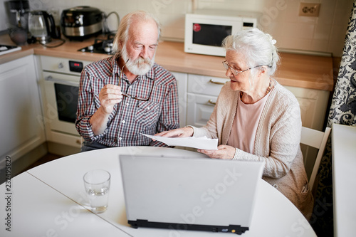 Content senior bearded greyheaded husband and his wife smiling checking utility bills or insurance at computer with easy access, sitting at kitchen table near the window. photo