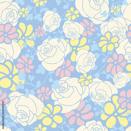 Fototapeta Naklejka Na Ścianę i Meble -  Blue Flowers Vector Repeat Pattern