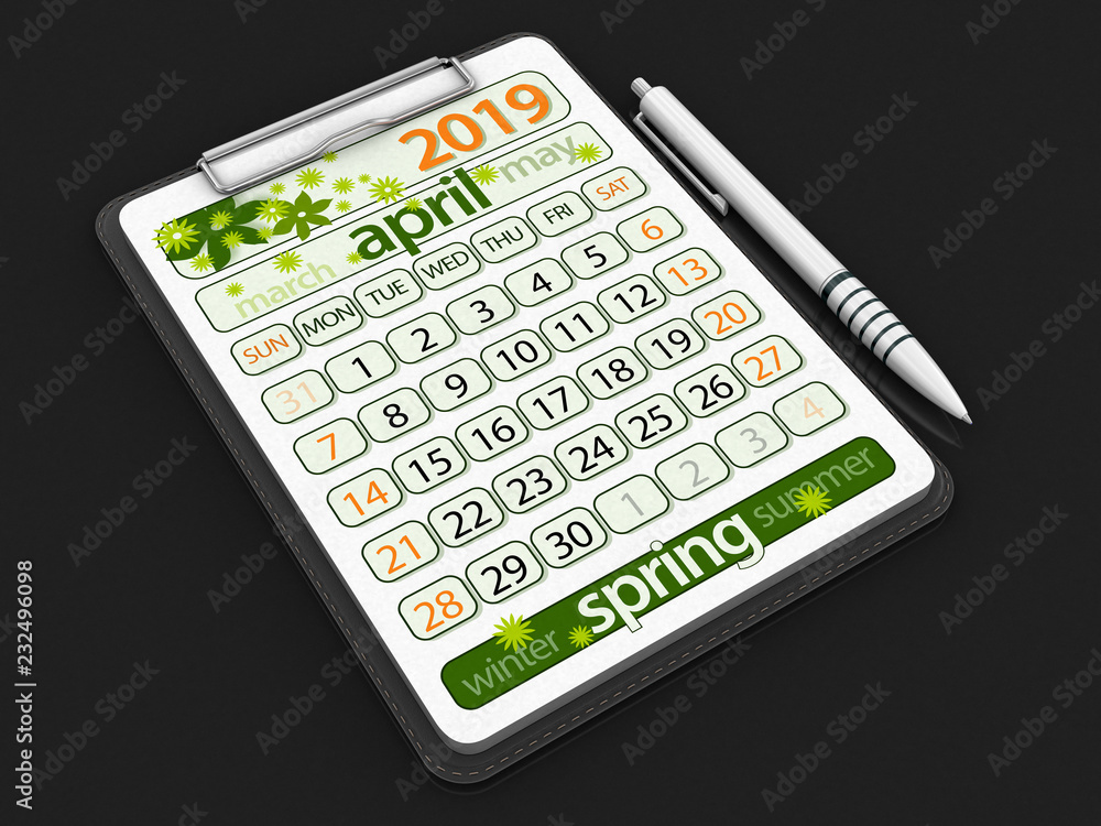 Clipboard with april 2019. Image with clipping path Clipboard with april 2019. Image with clipping path