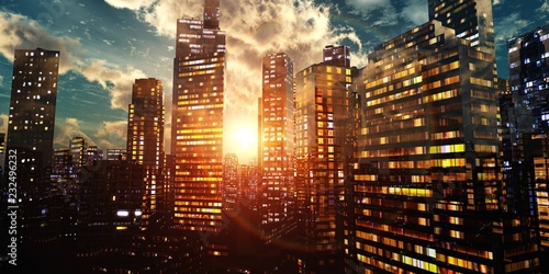 Canvas Print Modern city at sunset, panorama of the evening city, night city