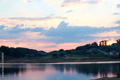 Sunset at the lake and over the landscape of Tennessee. 