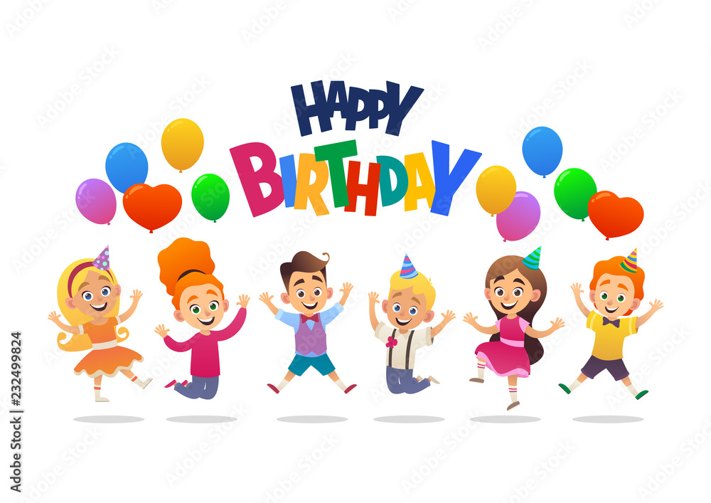 Boys and girls with the balloons and birthday hats happily jumping with their hands up birthday party Boys and girls with the balloons and birthday hats happily jumping with their hands up birthday party