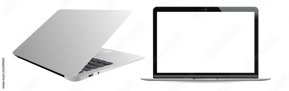 Realistic laptop computer, isolated on white background. Isometric and 90 degree front side view. Notebook with empty screen. Blank copy space on modern mobile device. Realistic laptop computer, isolated on white background. Isometric and 90 degree front side view. Notebook with empty screen. Blank copy space on modern mobile device.