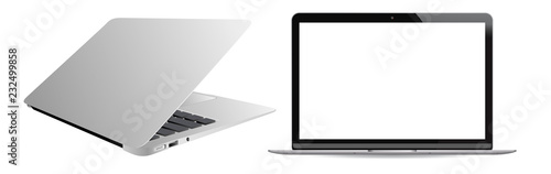 Realistic laptop computer, isolated on white background. Isometric and 90 degree front side view. Notebook with empty screen. Blank copy space on modern mobile device.