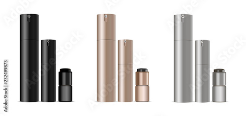Dispenser bottles for deodorant, parfume, cream, eye contour. Cosmetic spray can set. Black, Golden and Silver aerosol containers EPS10 vector illustration.