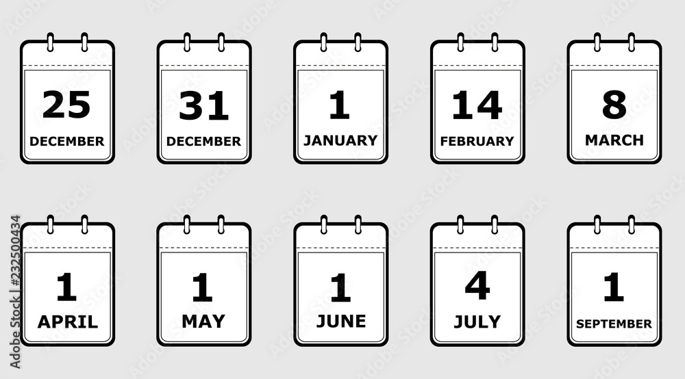 set of icons calendar pages with different holiday dates, black and white,  flat style, vector illustration Stock Vector | Adobe Stock