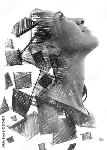 Paintography. Double Exposure charcoal drawing combined with portrait of a woman with strong features and expression, black and white