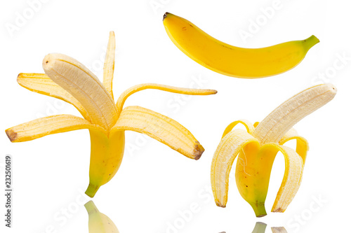 two peeled bananas isolated on white