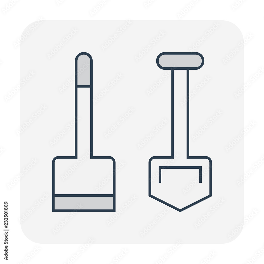 Hoe or spade and shovel vector icon. Equipment hand tool for agriculture at garden, farm, yard, backyard. Include wooden handle, steel for dig, scoop of soil, snow, ground, earth, plant and weeding. Hoe or spade and shovel vector icon. Equipment hand tool for agriculture at garden, farm, yard, backyard. Include wooden handle, steel for dig, scoop of soil, snow, ground, earth, plant and weeding.