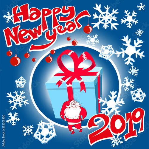 santa claus carrying huge gift box, cartoon. celebration card, banner, print design, hand drawn snowflakes and hand writing happy new year message, vector illustration.