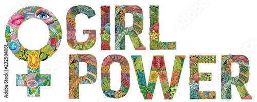 Words GIRL POWER with Symbol of Venus is a female floor sign with a pattern in tribal Indian style. Vector illustration
