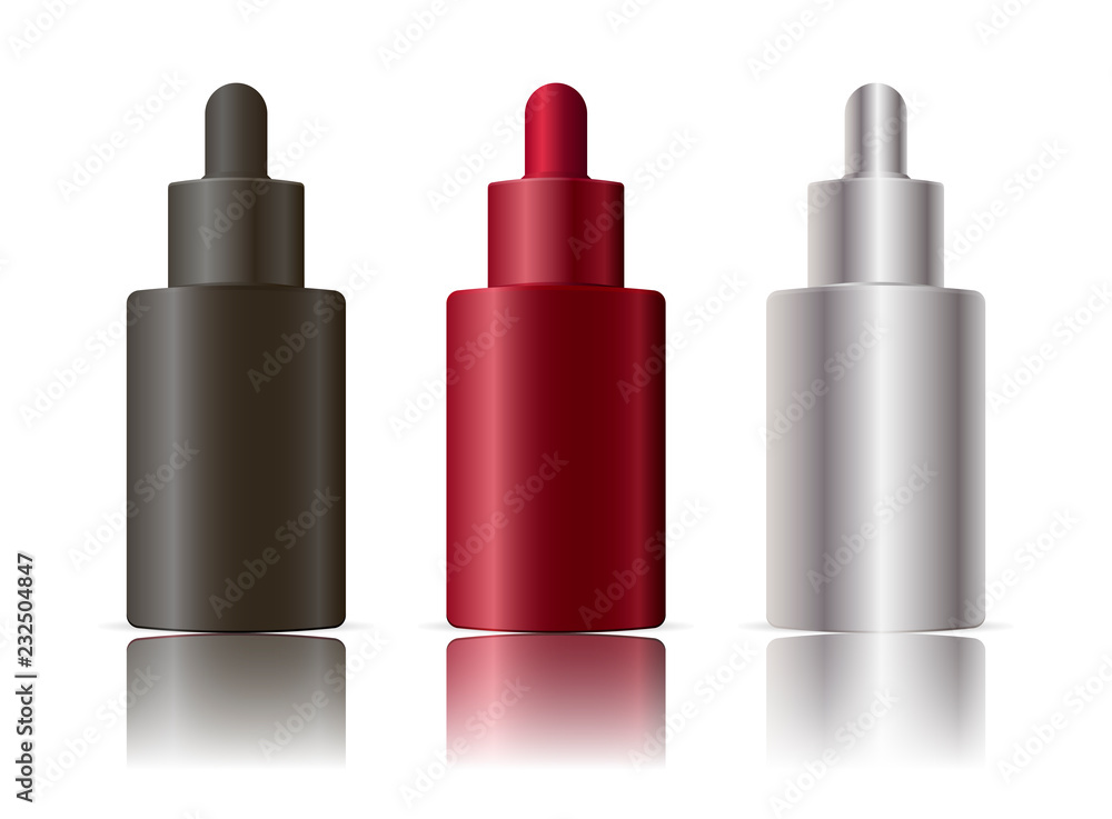 Set of realistic plastic bottles with dropper. Cosmetic or medicine flask or vials for oil, essential, serum. Mockup vector flacons illustration isolated on white. Set of realistic plastic bottles with dropper. Cosmetic or medicine flask or vials for oil, essential, serum. Mockup vector flacons illustration isolated on white.