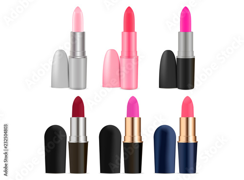 Cosmetics lipstick set of various colors. Realistic mockup vector illustration.  Trend cosmetic design for advertisement, banners, advertisement.