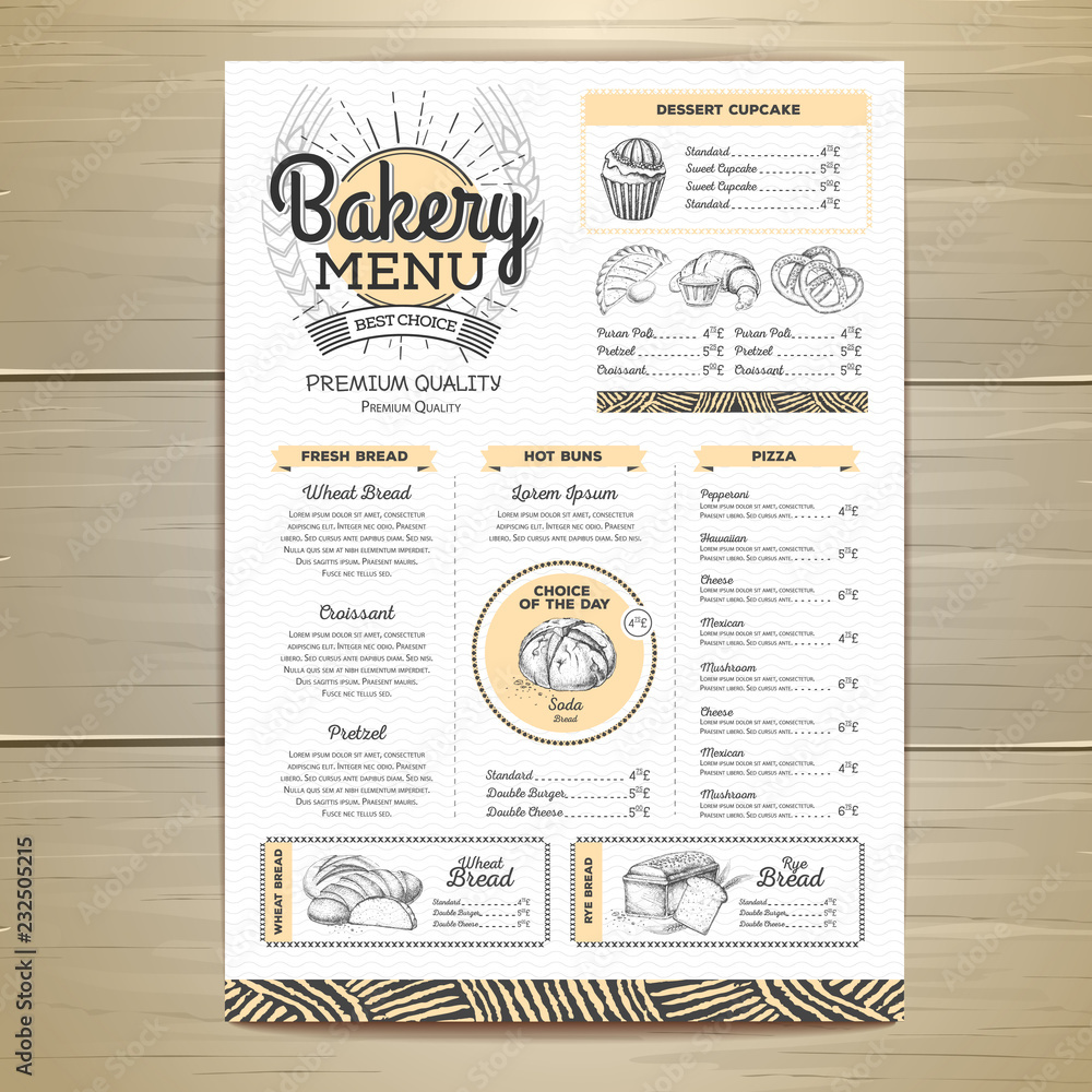 Vintage bakery menu design. Restaurant menu. Document template Stock