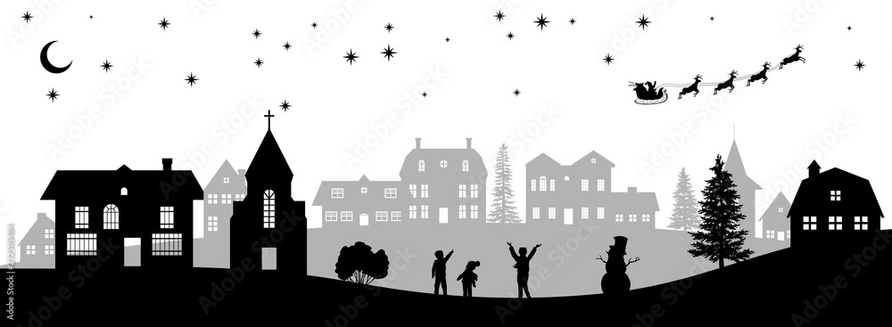 Black christmas panorama. Silhouettes of kids looking at Santa's sleigh. Celebration scene. Isolated village landscape. Holidays graphic