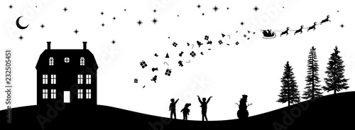 Black christmas panorama. Silhouettes of kids looking at Santa's sleigh. Celebration scene. Isolated village landscape. Holidays graphic