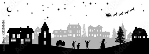 Black christmas panorama. Silhouettes of kids looking at Santa's sleigh. Celebration scene. Isolated village landscape. Holidays graphic