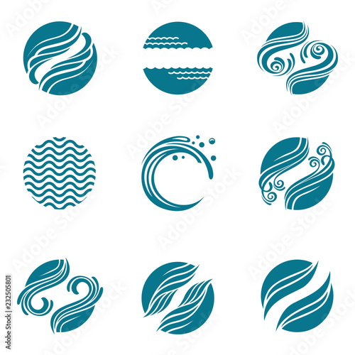 collection of blue round water icons isolated on white background