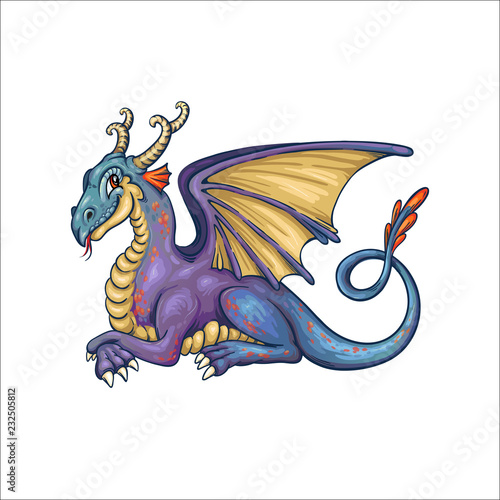Smiling cartoon dragon in vector with wings and long tail