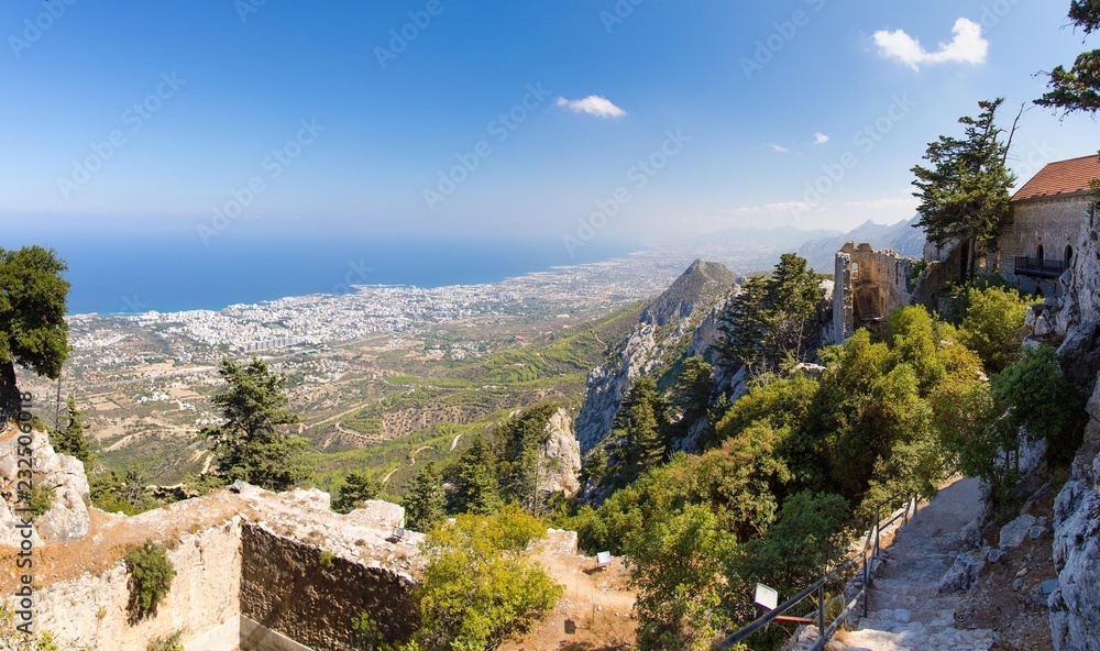 Kyrenia Girne mountains and town from medieval castle, Northern Cyprus