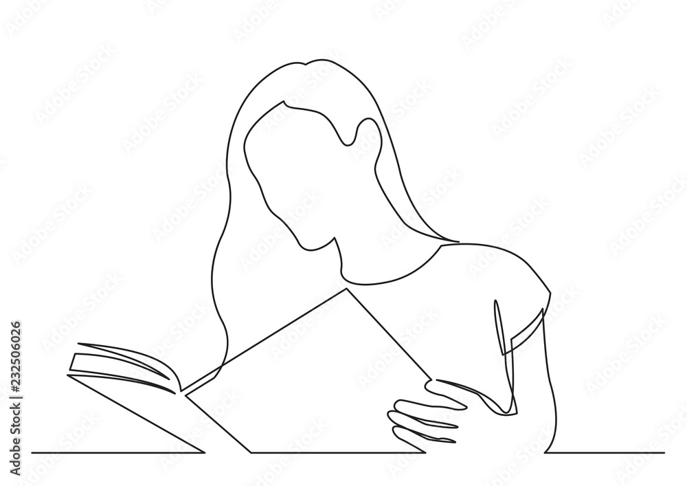 continuous line drawing of long hair woman reading book Stock Vector ...