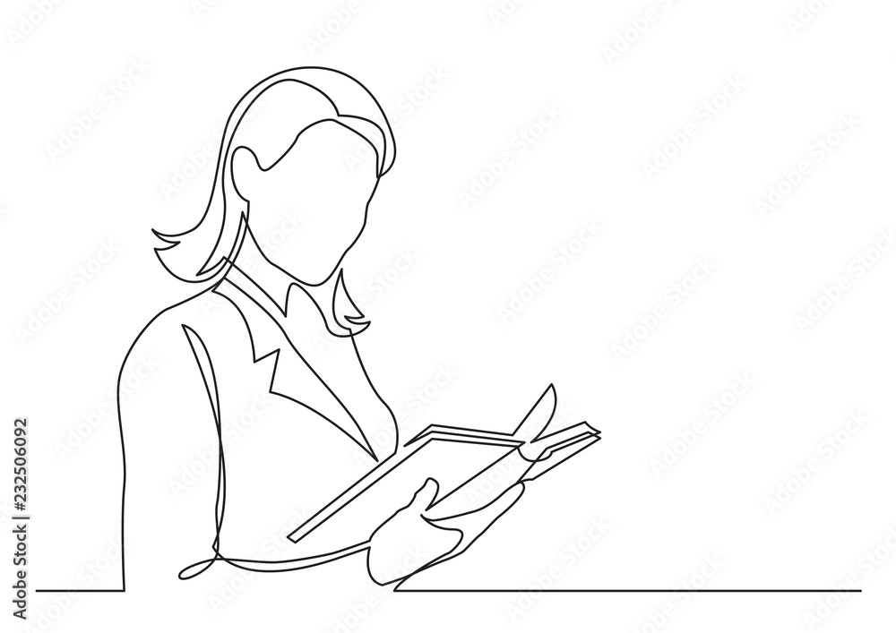continuous line drawing of business woman reading book