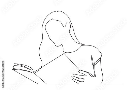 continuous line drawing of long hair woman reading book