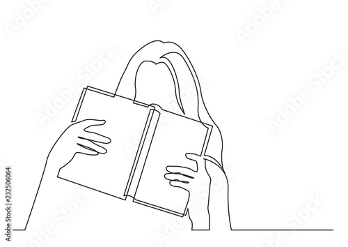 continuous line drawing of shy young woman hiding her face behind book