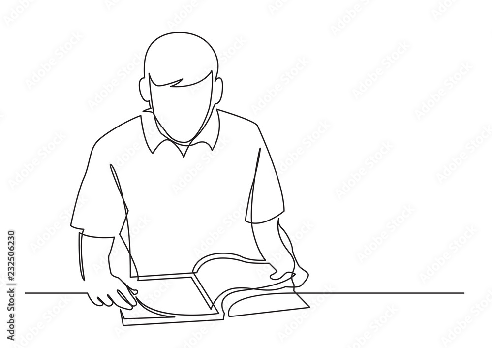 continuous line drawing of young man reading book continuous line drawing of young man reading book