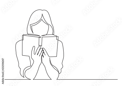 continuous line drawing of woman focused on reading interesting book