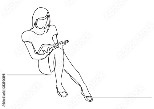 continuous line drawing of young woman sitting reading book
