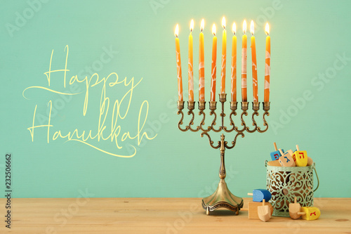 image of jewish holiday Hanukkah background with menorah (traditional candelabra).