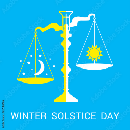 Vector flat illustration of winter solstice. Design concept with scales of justice, moon, stars and sun symbolizing the shortest period of daylight and the longest night of the year.
