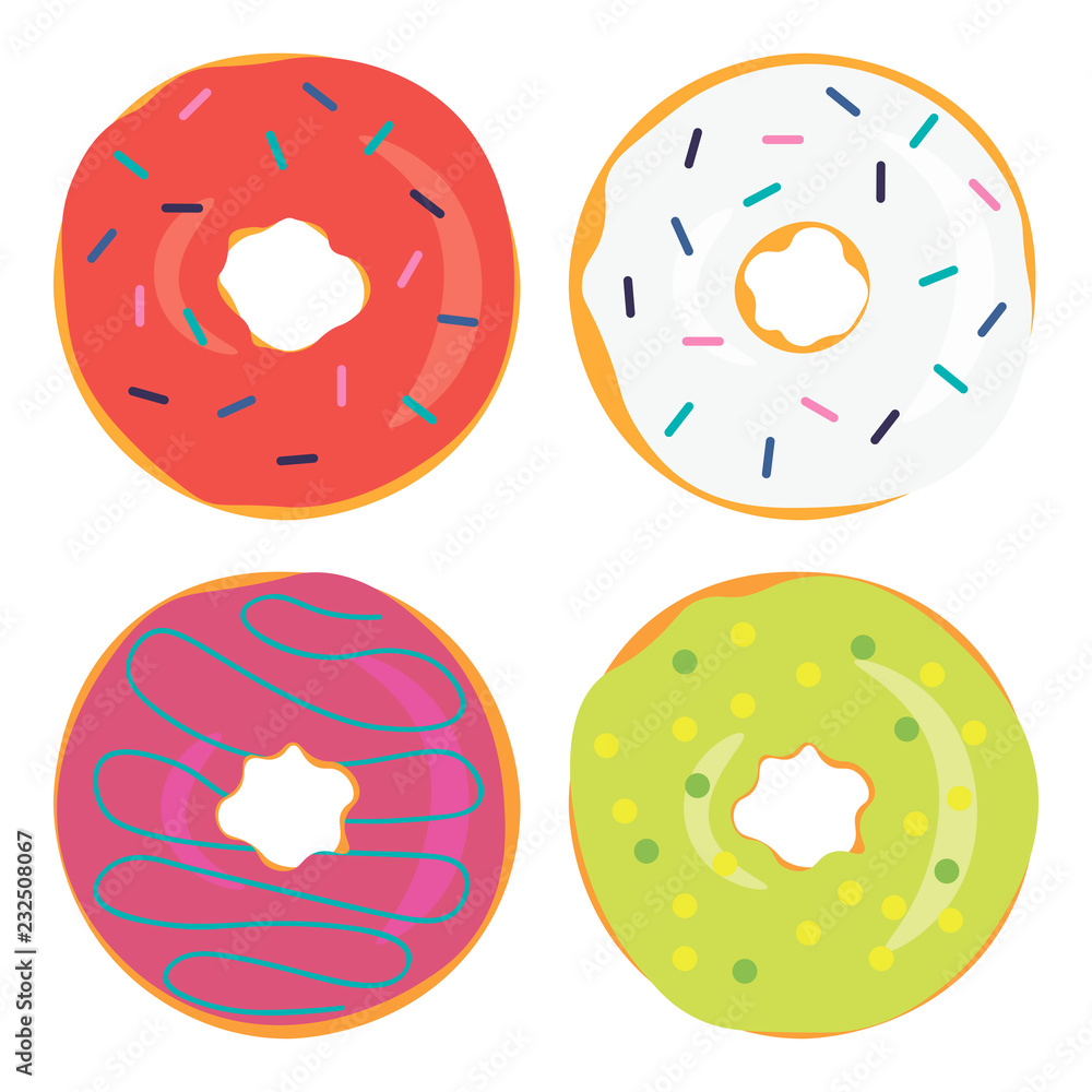 Set of sweet donuts. Top view. Vector illustration. Set of sweet donuts. Top view. Vector illustration.