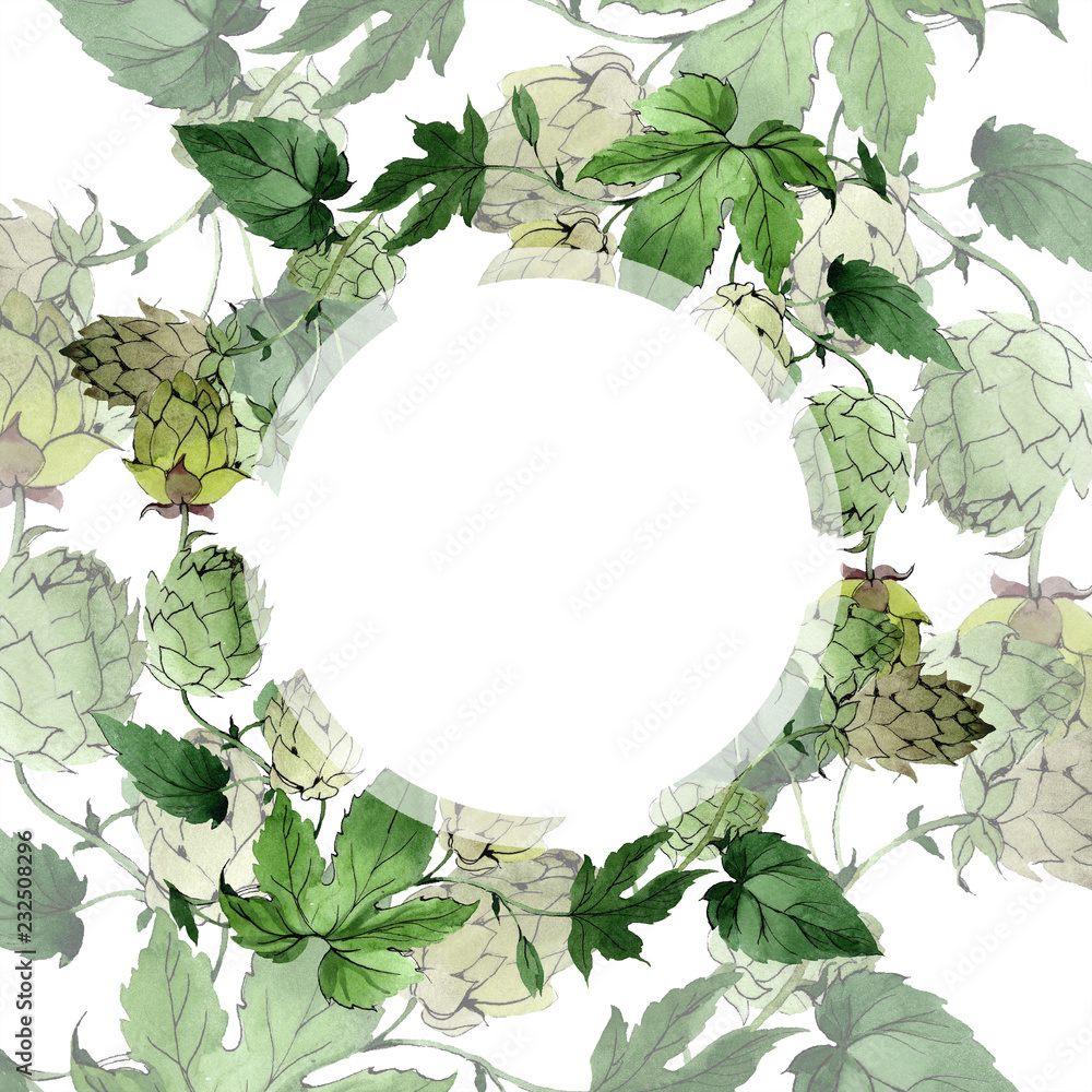 Fototapeta premium Hops. Green leaf. Frame border ornament. Botanical garden floral foliage. Background watercolor illustration set.
