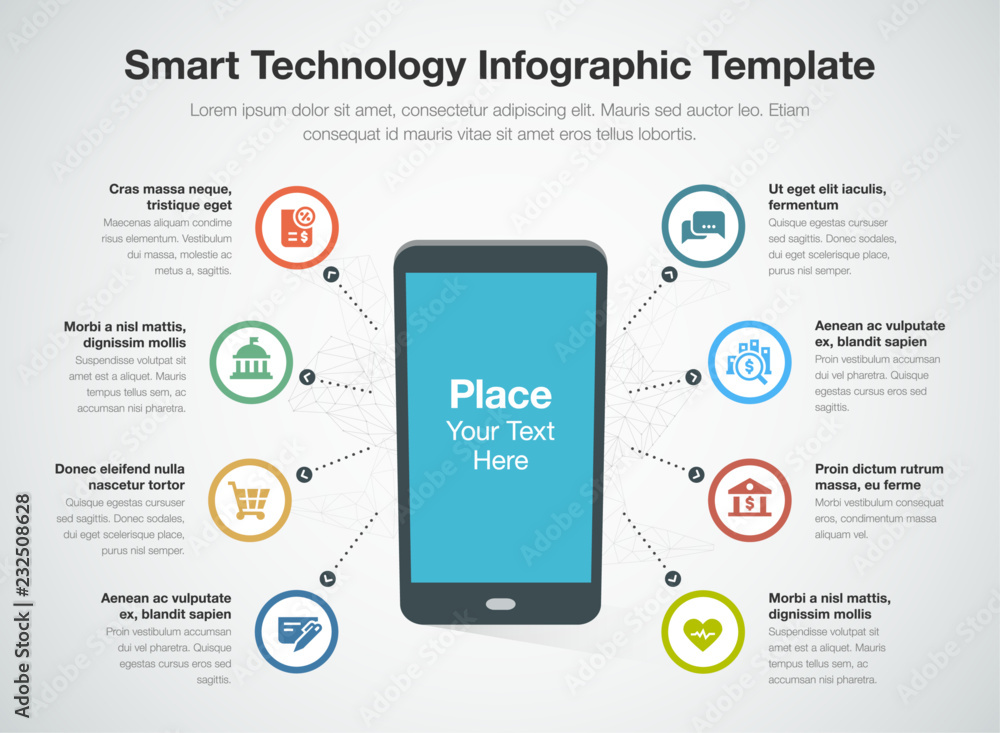 Infographic for smart technology template with smart phone as main symbol, colorful circles and icons. Easy to use for your website or presentation. - obrazy, fototapety, plakaty 
