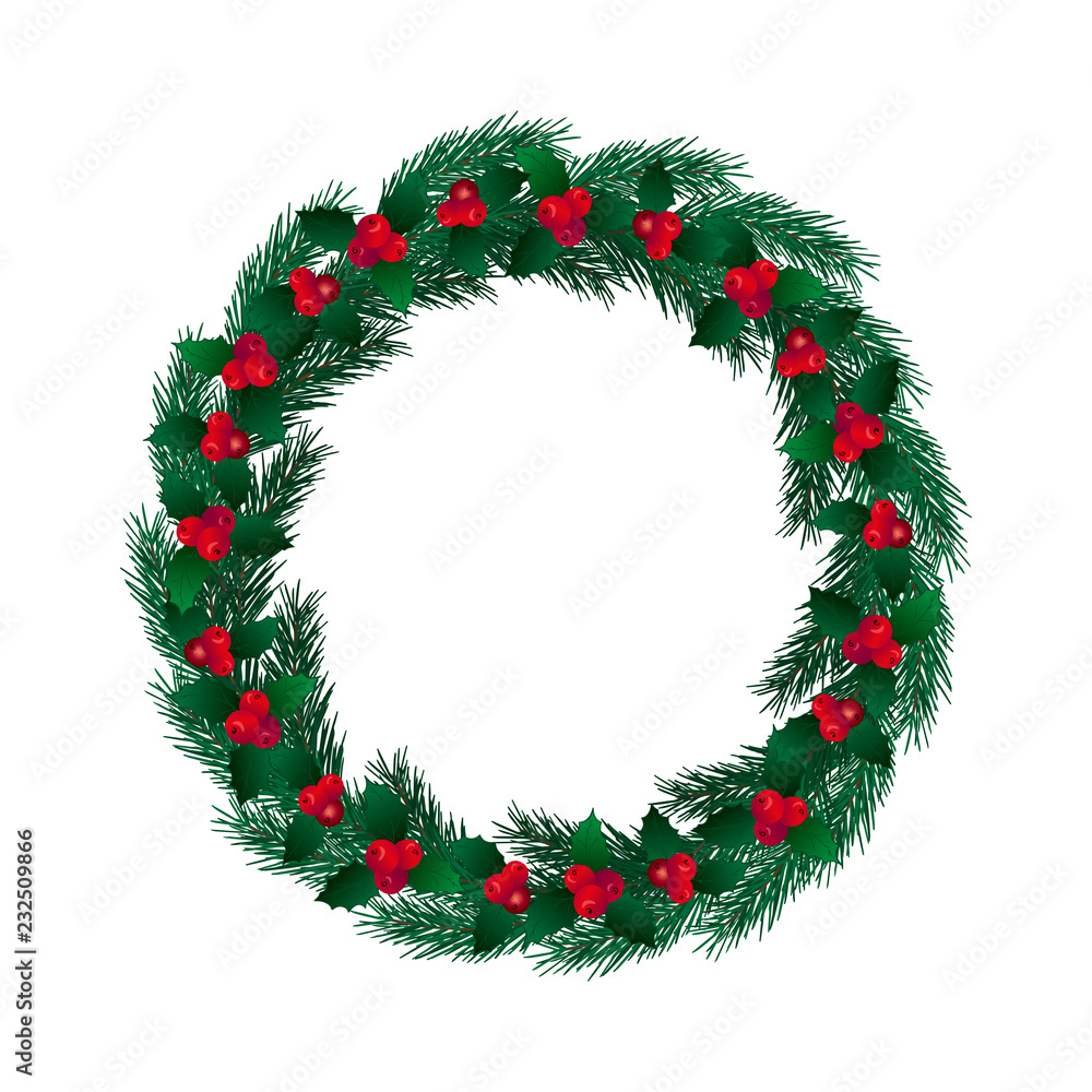 New year or Christmas wreath. Traditional isolated winter wreath of pine branches and Holly berries as design element, connected with winter holidays. Vector for holiday decor, icon, poster, card. New year or Christmas wreath. Traditional isolated winter wreath of pine branches and Holly berries as design element, connected with winter holidays. Vector for holiday decor, icon, poster, card.