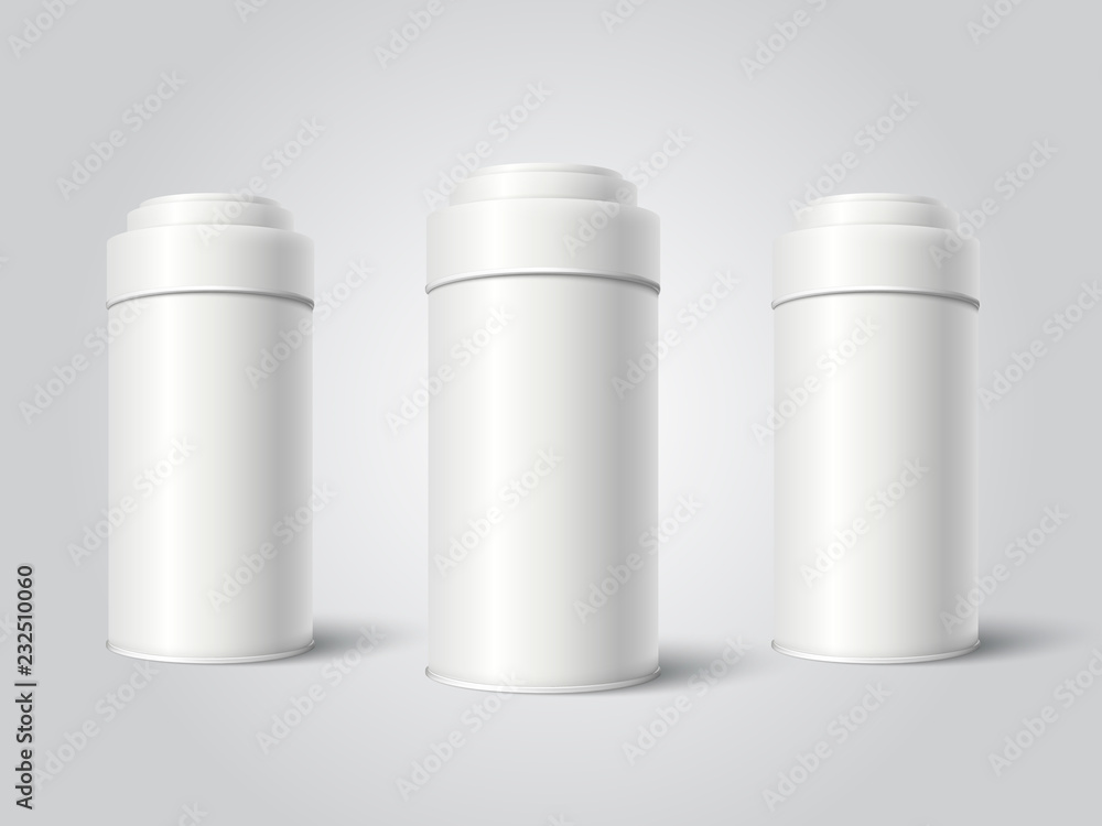Three White Blank Tin can packaging mockup Three White Blank Tin can packaging mockup