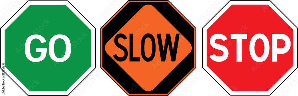 United States of America road construction sign: go / slow / stop
three panels to use by hand