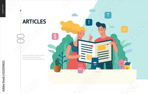 Business series, color 1 - articles - modern flat vector illustration concept of man and woman reading article on the folded computer screen like a magazine. Creative landing page design template