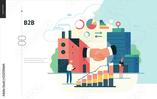 Business series, color 1 - b2b. business to business - modern flat vector illustration concept of b2b - a factory and a corporate buildings shaking their hands. Creative landing page design template